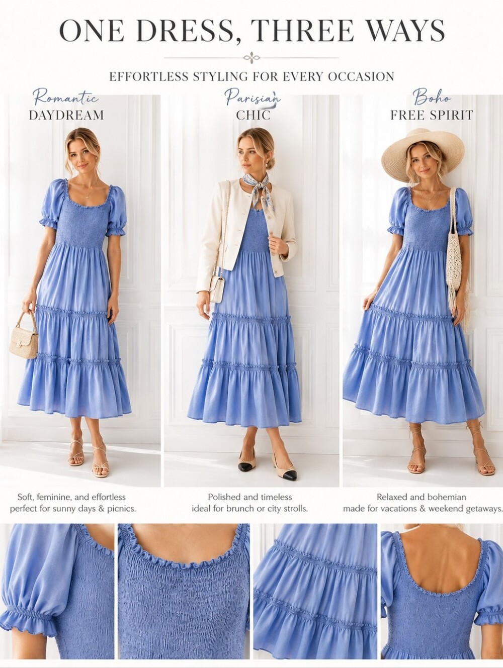 KIRUNDO Light Blue Smocked Tiered Maxi Dress Size L | Puff Sleeve Cottagecore - Picture 3 of 8